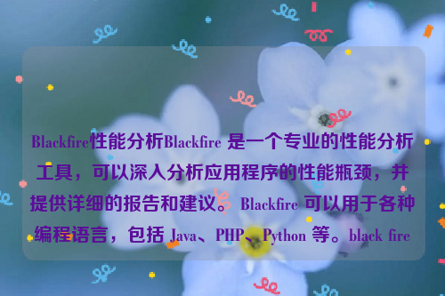 Blackfire性能分析Blackfire 是一个专业的性能分析工具，可以深入分析应用程序的性能瓶颈，并提供详细的报告和建议。 Blackfire 可以用于各种编程语言，包括 Java、PHP、Python 等。black fire