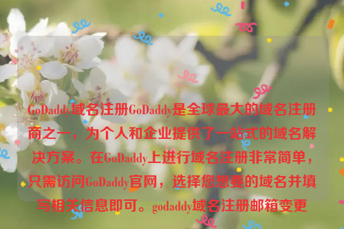 GoDaddy域名注册GoDaddy是全球最大的域名注册商之一，为个人和企业提供了一站式的域名解决方案。在GoDaddy上进行域名注册非常简单，只需访问GoDaddy官网，选择您想要的域名并填写相关信息即可。godaddy域名注册邮箱变更