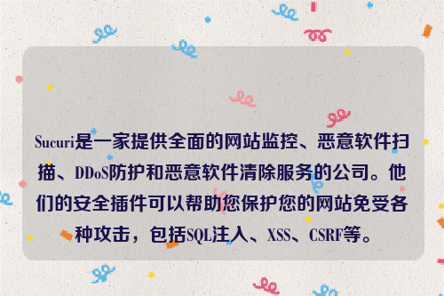 Sucuri是一家提供全面的网站监控、恶意软件扫描、DDoS防护和恶意软件清除服务的公司。他们的安全插件可以帮助您保护您的网站免受各种攻击，包括SQL注入、XSS、CSRF等。