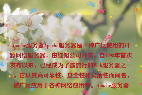 Apache服务器Apache服务器是一种广泛使用的开源网络服务器，由红帽公司开发，自1998年首次发布以来，已经成为了最流行的Web服务器之一。它以其高可靠性、安全性和灵活性而闻名，被广泛应用于各种网络应用中。Apache服务器