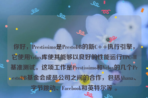 你好，Prestissimo是PrestoDB的新C++执行引擎，它使用Velox库使其能够以良好的性能运行TPC-H基准测试。这项工作是Prestissimo和Velox的几个PrestoDB基金会成员公司之间的合作，包括Ahana、字节跳动、Facebook和英特尔等 。